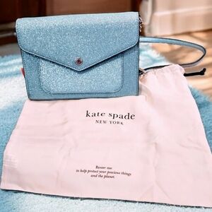 Kate Spade NWT Light Blue Sparkly Fold-Over Crossbody Bag & KS dust bag